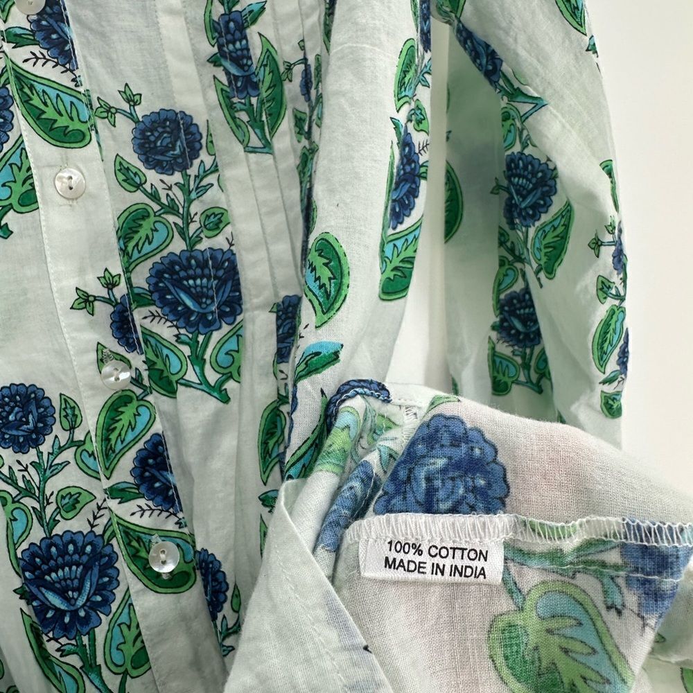 Mary Marshmallow Tunic Dress Green Blue Floral Button Down 100% Cotton Size XS - Picture 5 of 5